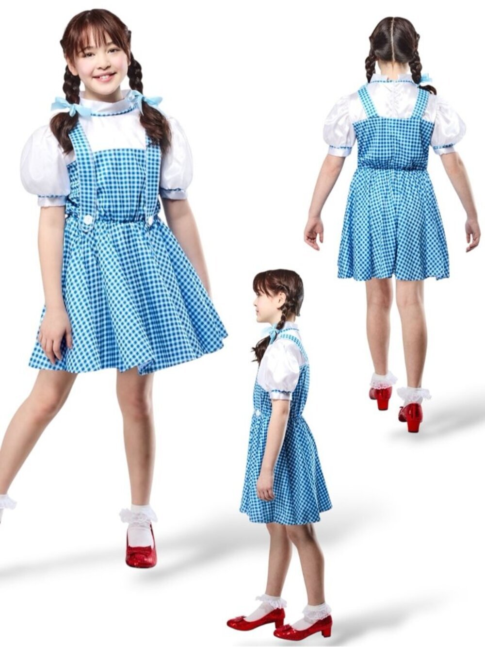 Wizard of Oz Dorothy Costume Dress Blue White Gingham Hair Bows Girls Medium 7-8 - Picture 3 of 16